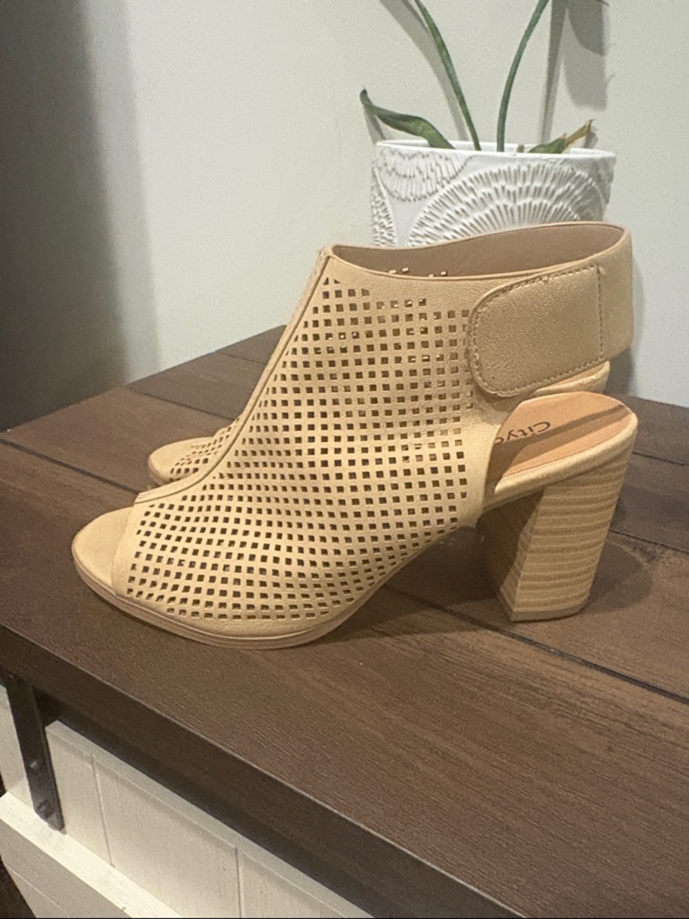 Cityclassified Beige Perforated Block Heel Sandals